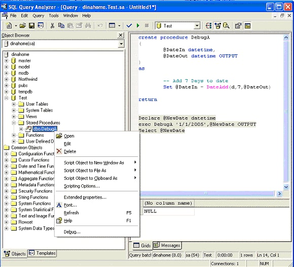 Debugging a SQL Stored Procedure from inside SQL Server 2000 Query ...