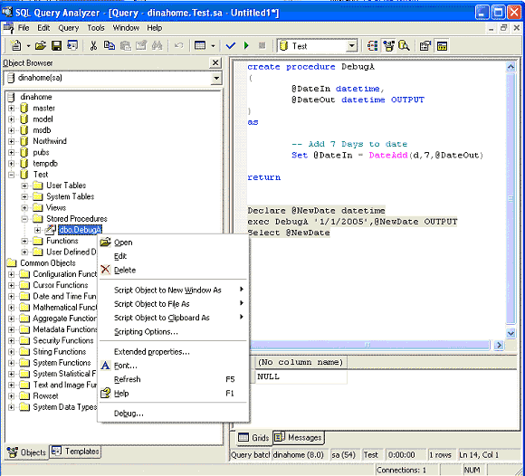 Debugging a SQL Stored Procedure from inside SQL Server 2000 Query Analyzer