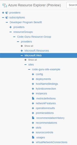 Using the resource explorer to view the sites associated with a resource group