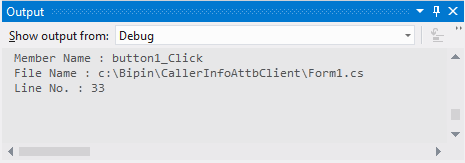 The Output window shows the caller information