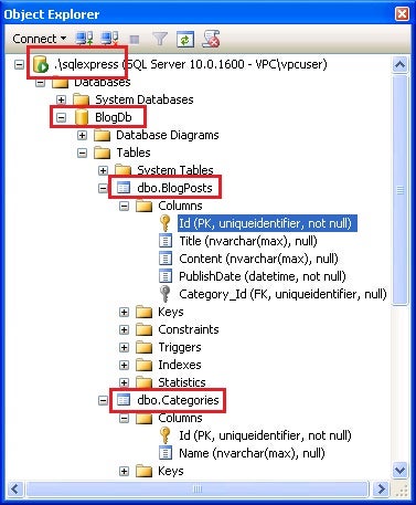 Database and tables created after the first run of the application