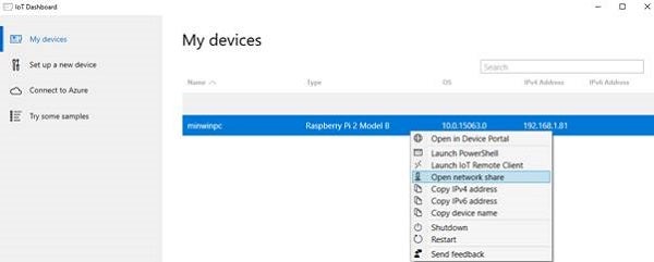 Opening a network share from the IoT Daskboard