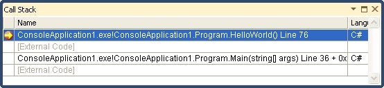 The Call Stack window shows the method as external code