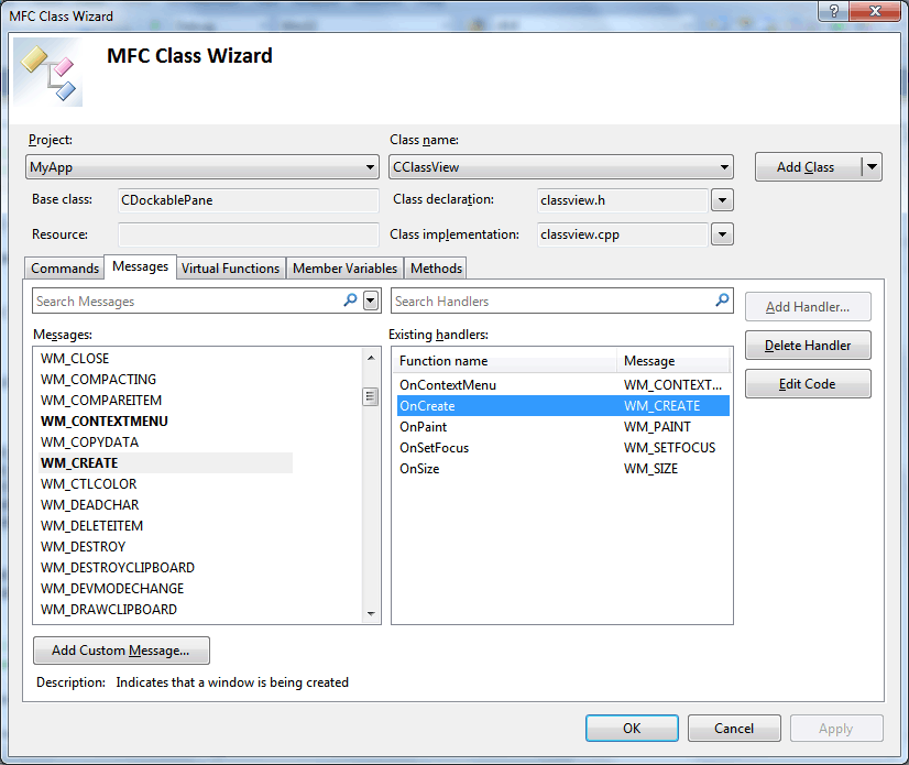 Figure 2.  Class Wizard - Message Tab