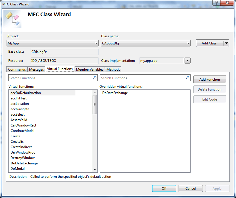 Figure 4. Class Wizard - Virtual Functions