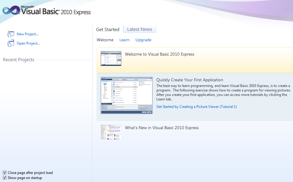 VB 2010 Express Start Page