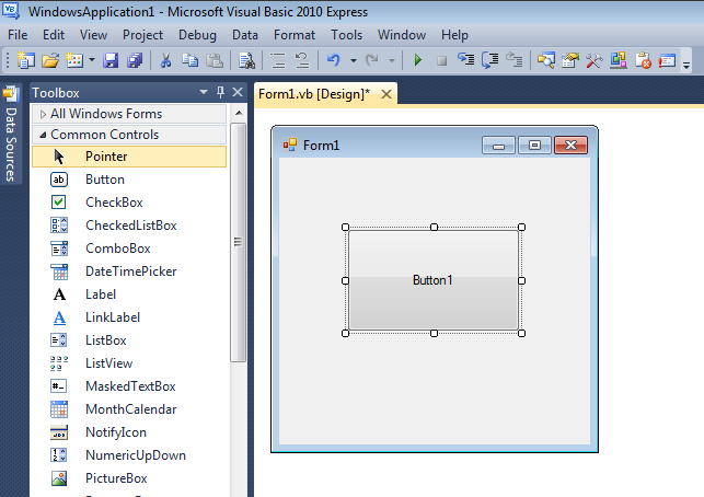 drag a button from the Toolbox and drop it onto Form1