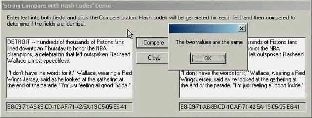 Comparing Large Bodies of Text with Hash Codes