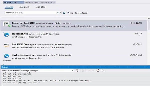 NuGet Package Manager with Tesseract.NET SDK