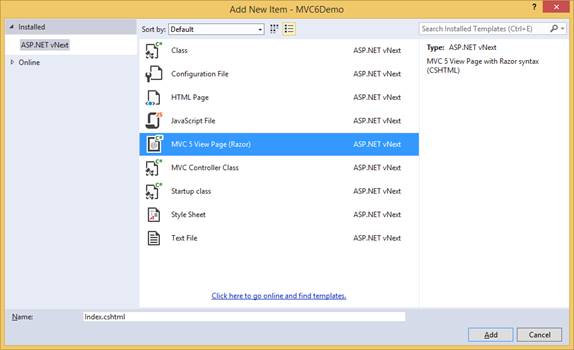 Add MVC5 View Page