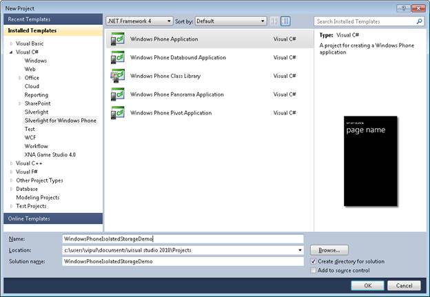 Create a new Silverlight for Windows Phone application