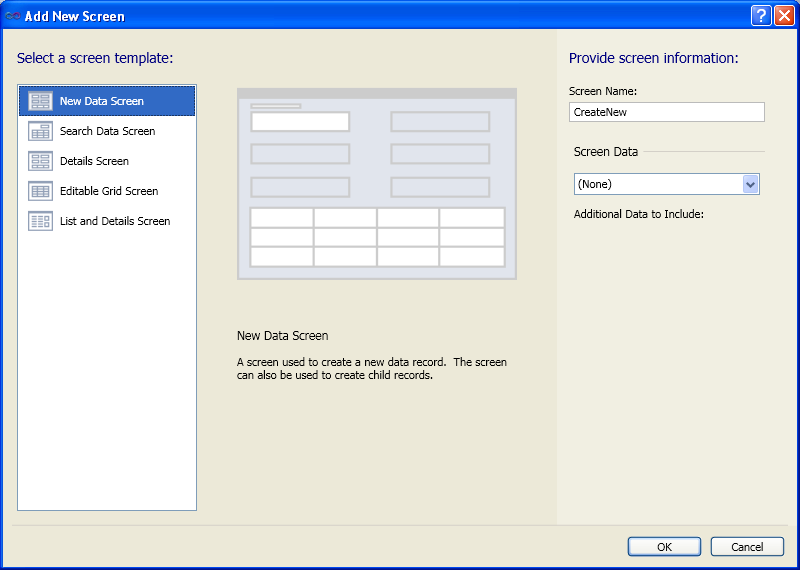 Selecting a template screen in MS VS LightSwitch