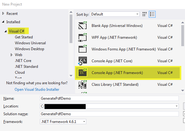 Selecting the Console App(.NET Framework)