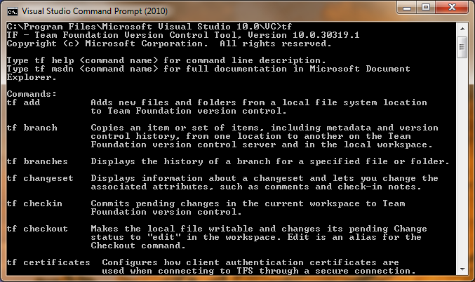 The TF command can be used to manipulate item in version control from the command-line