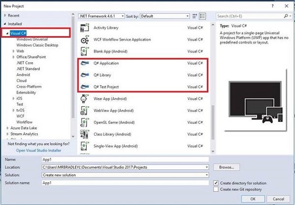 The Q# Project types in Visual Studio