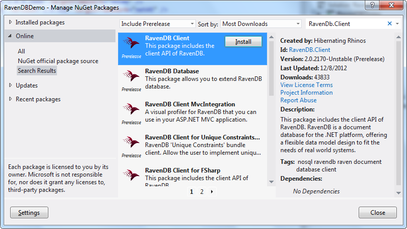 RavenDBDemo - Manage NuGet Packages