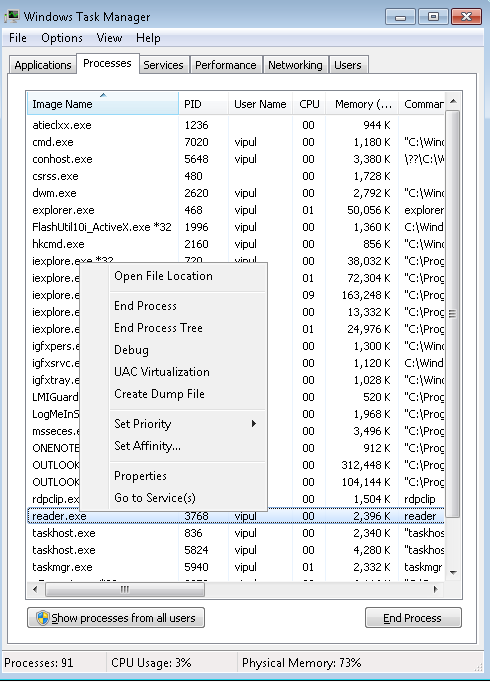 Using Windows Explorer to take a dump