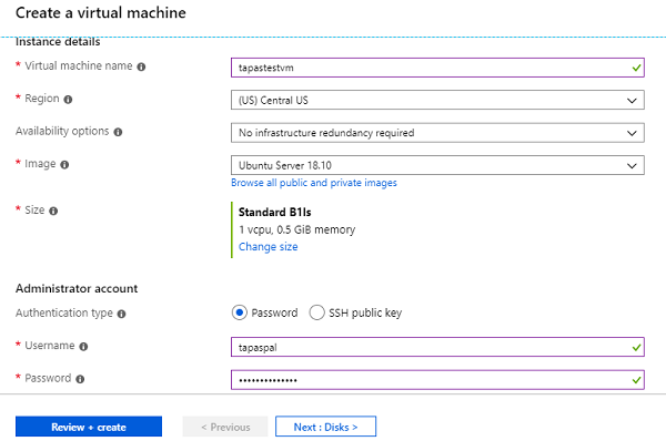 Azure Instance details and Admin Account details