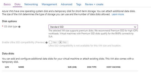 Azure Disk Type Setup