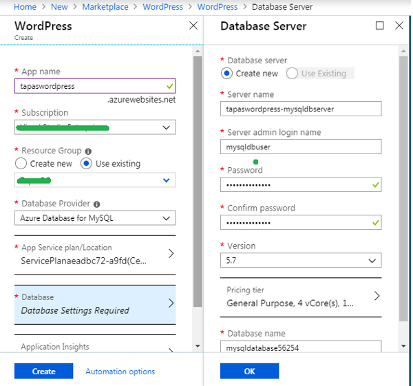 Azure WordPress Detail Entry Screen