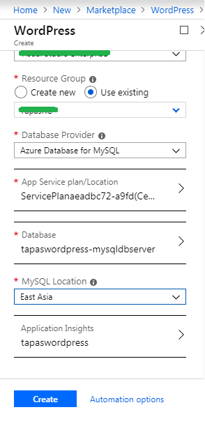 Create Azure WordPress Service