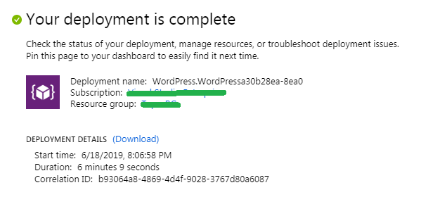 Azure WordPress Service Deployed