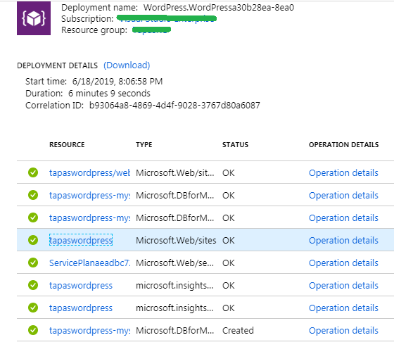 Azure WordPress Resource Created