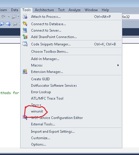 Invoke WinUnit from the Tools menu