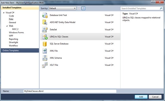 ASP.NET MVC web project and select LINQ to SQL classes
