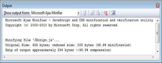 Microsoft Ajax Minifier Tool Output Window