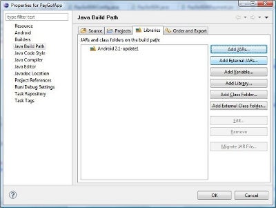 The PayGol Android SDK JAR library file should be added as an external JAR