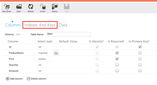 Click on Indexes and Keys