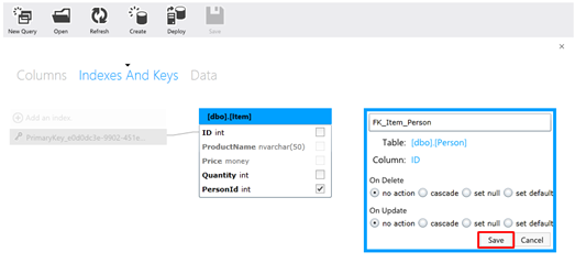 Leave the default no action selected for On Delete and On Update cascade operations