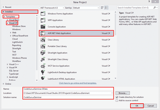 select the ASP.NET Web Application project template