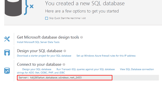 Your SQL Database server name will look like yourserver.database.windows.net,1433