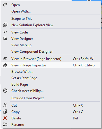 Right click in Solution Explorer and select View in Page Inspector