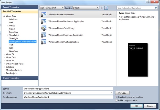 Windows Phone 7 group of templates under Visual Basic.