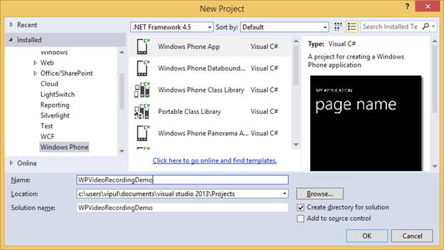 New Visual Studio Windows Phone App project