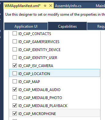 The ID_CAP_ISV_CAMERA and ID_CAP_MICROPHONE