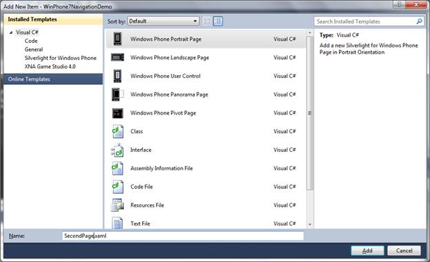 Add a new page in Visual Studio