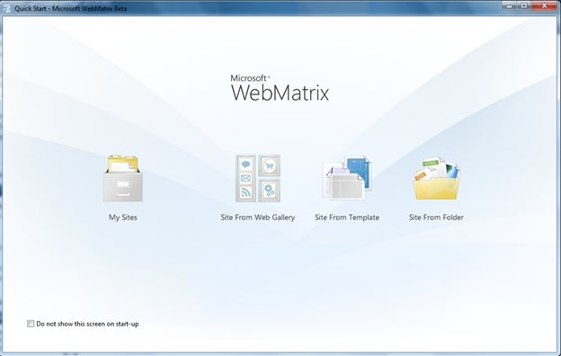 default landing screen of the WebMatrix tool