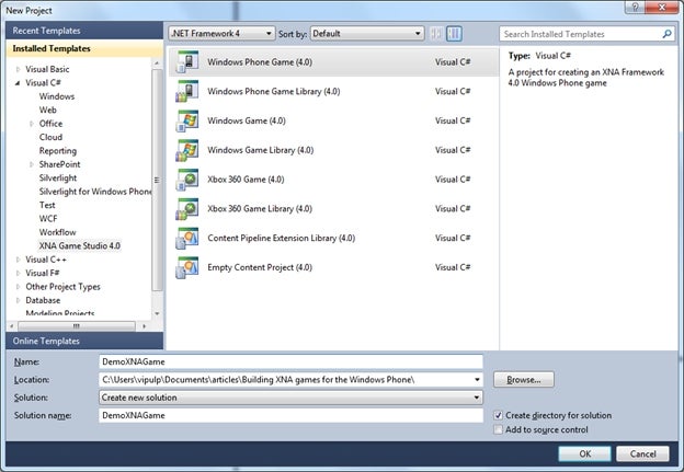  Select Windows Phone Game 4.0 from the template