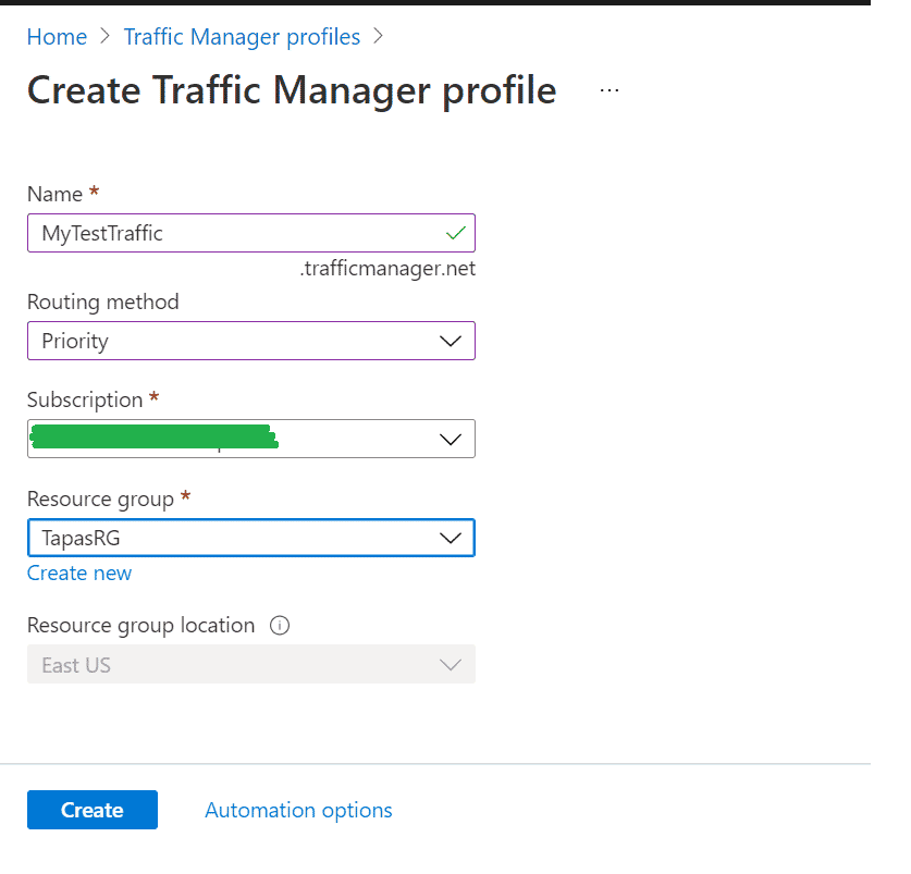 Create Traffic Manager Profile in Azure